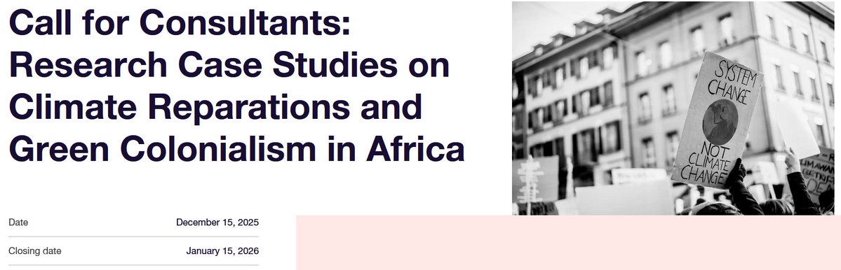 Lawyerin4Africa's tweet image. Call for Consultants: Research Case Studies on Climate Reparations and Green Colonialism in Africa
Deadline: Jan 15
afalab.org/about-us/job-o…