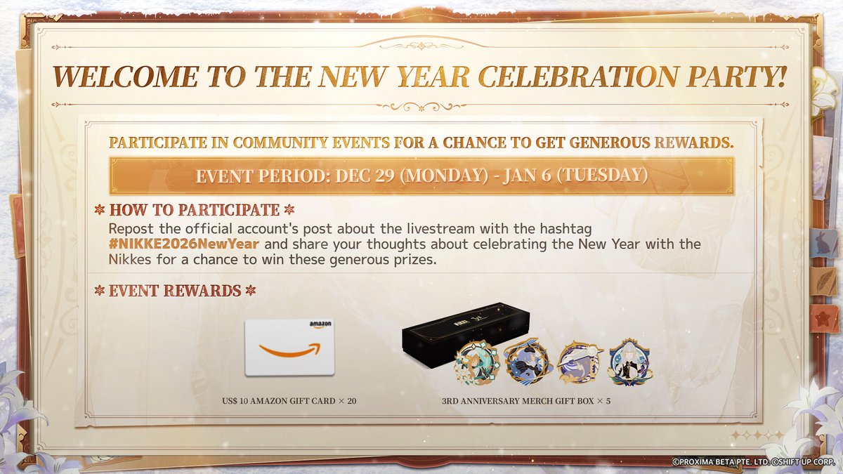 NIKKE_en's tweet image. 【Welcome to The New Year Celebration Party!】

The NIKKE New Year Special livestream is now live! 

From December 29 to January 6, repost livestream-related posts from the official account @NIKKE_en with the hashtag【NIKKE2026NewYear】 and share your thoughts about celebrating…