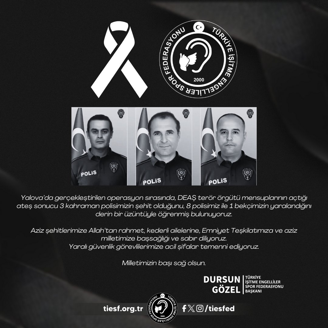 Yalova’da gerçekleştirilen operasyon sırasında, DEAŞ terör örgütü mensuplarının açtığı ateş sonucu 3 kahraman polisimizin şehit olduğunu, 8 polisimiz ile 1 bekçimizin yaralandığını derin bir üzüntüyle öğrenmiş bulunuyoruz.

Milletimizin başı sağ olsun. 🇹🇷