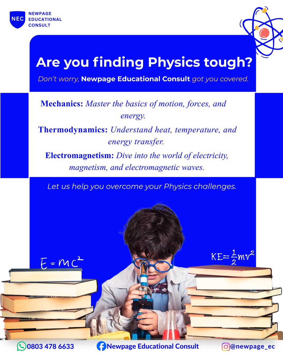 heed1's tweet image. Physics challenges? Bring it on.
With Newpage Educational Consult, you'll master the concepts and own the subject. Let’s tackle Physics together.