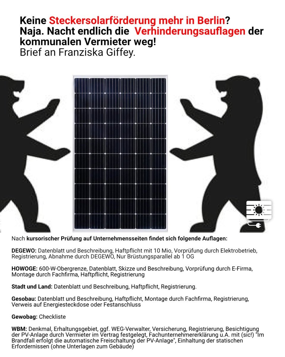 balkonsolar's tweet photo. Zum geplanten Ende der #Steckersolar Förderung in #Berlin fordern wir: Der Senat soll bei landeseigenen Wohnungsbaugesellschaften #degewo, #GESOBAU, #Gewobag, #HOWOGE, STADT UND LAND Wohnbauten-Gesellschaft und #WBM die Verhinderungsauflagen abschaffen!
https://t.co/C8aAq6aFWU https://t.co/4SIGih2IvD