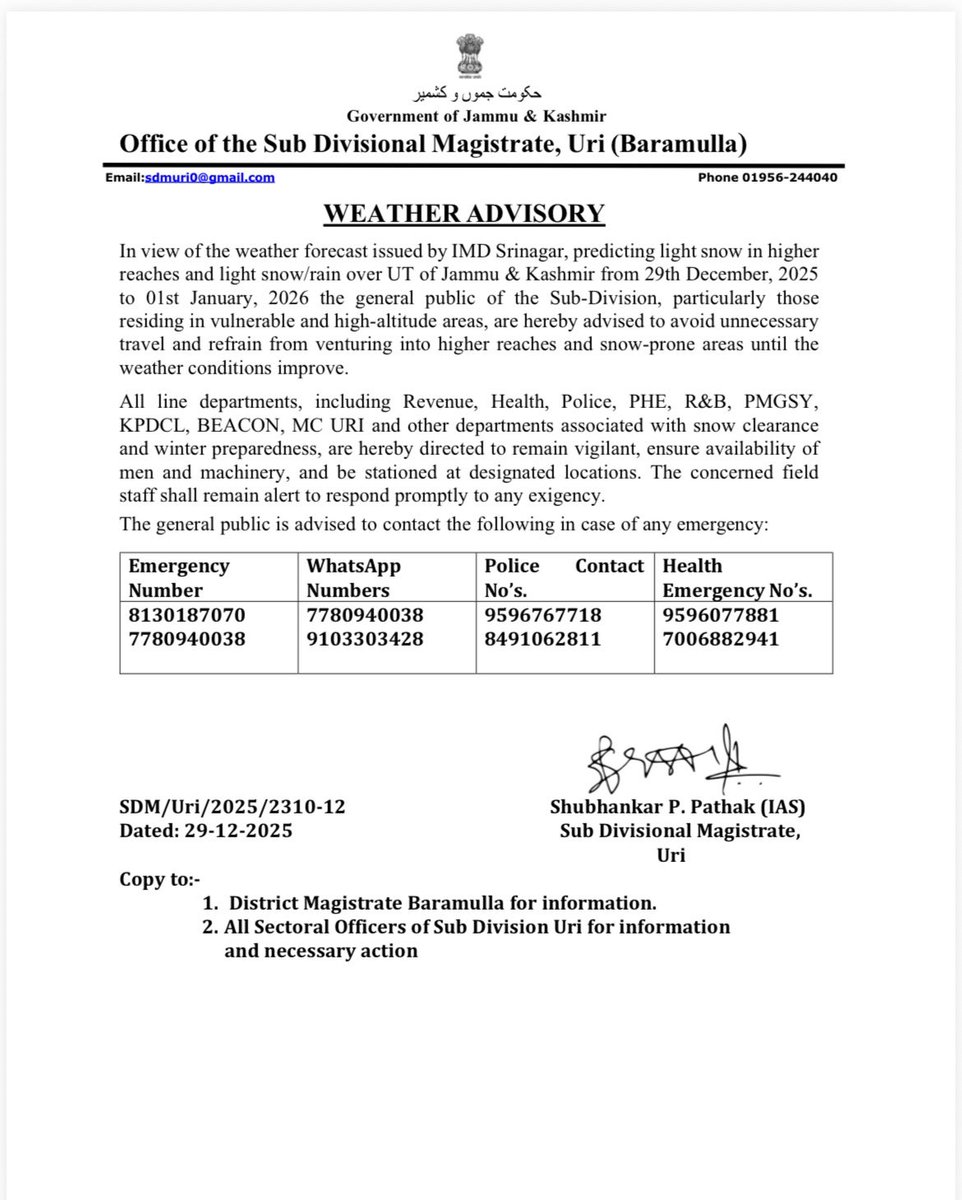 ⚠️ Weather Advisory – Uri
Light snow/rain expected in higher reaches from 29 Dec 2025 to 1 Jan 2026. General public of SD uri are requested to Avoid unnecessary travel, especially in high-altitude &amp; snow-prone areas. Stay alert &amp; stay safe. ❄️🚫🚘
<a href="/mingasherpa/">Minga Sherpa</a> 
<a href="/diprjk/">Information & PR, J&K</a>