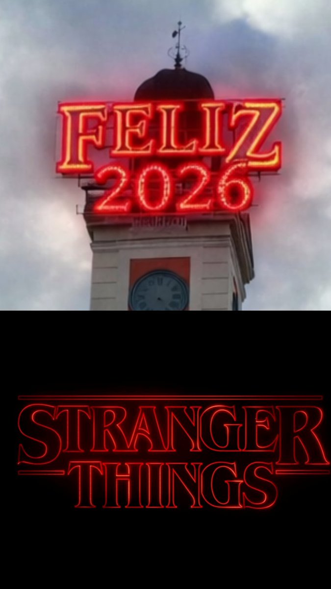 juanmasanper's tweet photo. Así lucirá el rótulo de Año Nuevo en la Puerta del Sol de Madrid cuando demos la bienvenida a 2026... Justo el día 1 de enero termina la serie de @netflix #StrangerThings. Curiosa "casualidad" la tipografía de letras, eh? 🙃😉 #StrangerThings5 #Feliz2026 https://t.co/W30OGOAhQf