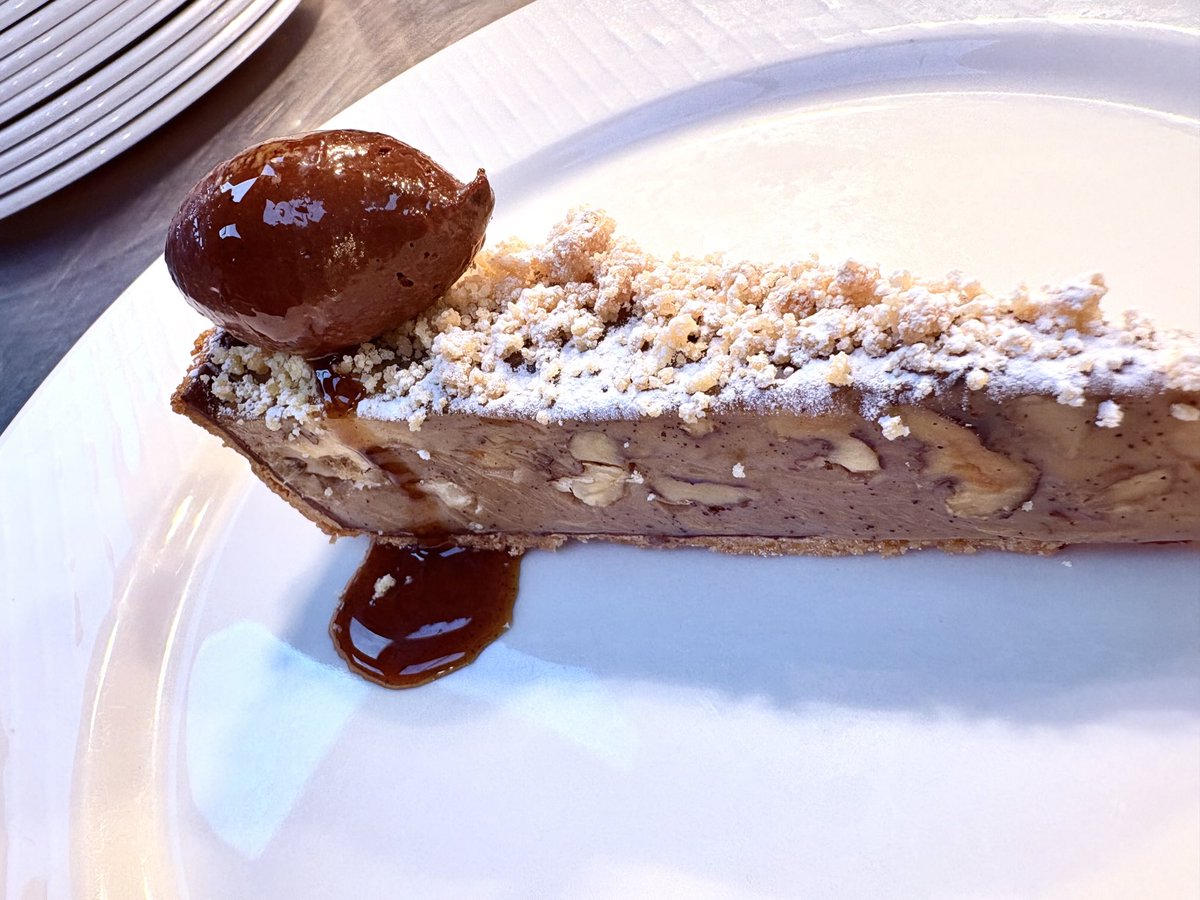 Coffee walnut fudge tart, unannounced choc crémeux, rum caramel, jug of cream on the side