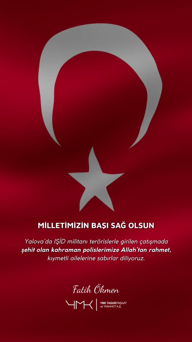 fatih_okmn's tweet photo. Yalova’da IŞİD militanı teröristlerle gidilen çatışmada şehit olan kahraman polislerimize Allah’tan rahmet, kıymetli ailelerine sabırlar diliyoruz. 

#Yalova https://t.co/p7TgNzuMGN