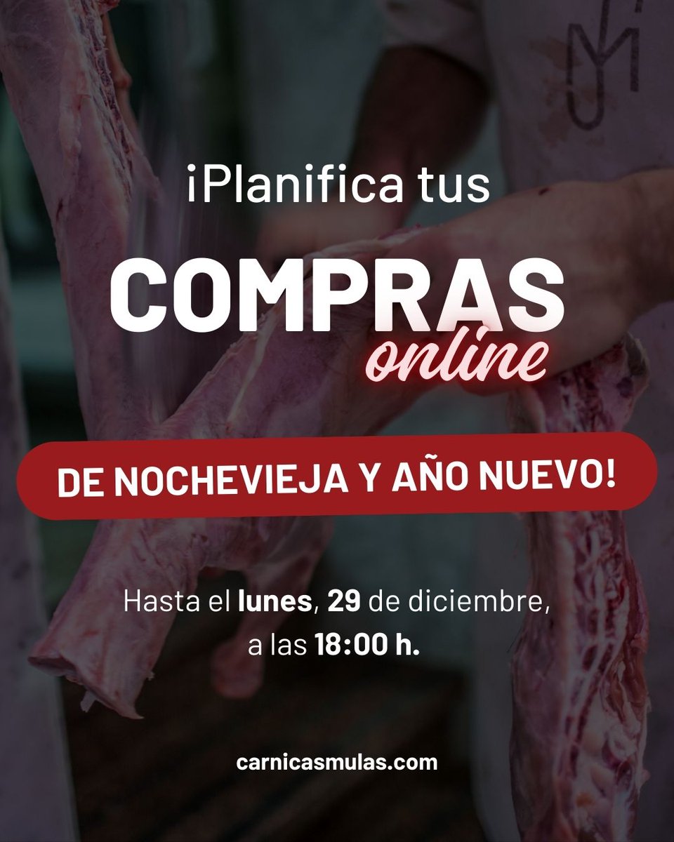 Carnicasmulas's tweet image. ¡Qué no te den las uvas! 😉🎉 ¿Ya tienes preparados tus #menús para el día de #Nochevieja y #AñoNuevo? ✨🍽️

Corre, ¡estás aún a tiempo! 🏃‍♂️

Tienes hasta HOY, 29 de diciembre, a las 18:00 h. para entrar en nuestra tienda online y hacer tus #pedidos sin contratiempos 🛍️🥩.

(1/2)