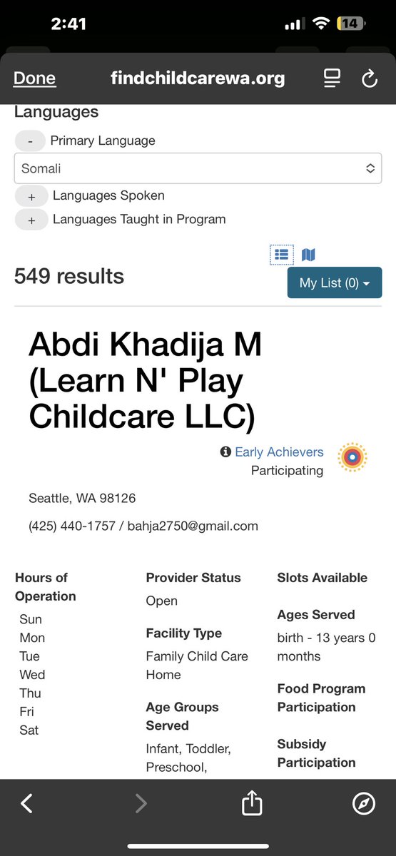MindblowingBS's tweet photo. @nickshirleyy Audit Washington!! In King County (Seattle) there are 550 childcare centers with Somali as a Primary or secondary language. No address or hours or website or any basic info on HUNDREDS OF THEM. And why is Somali listed as one of 3 languages that the page can be translated into?? https://t.co/nQq6AR2zMv