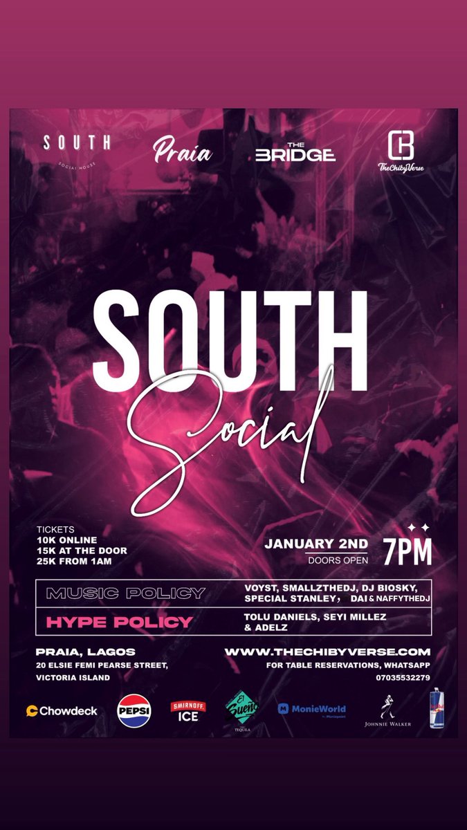 South Socials is back this Friday for the final edition of our "Detty December" series 😈💜

Music by: <a href="/Smallztheedj/">SMALLZ THE DJ</a> | <a href="/djvoyst/">VOYST</a> | <a href="/djbiosky_/">BiOSKY</a> | <a href="/SpecialSTANLEY_/">Special</a> | <a href="/hotsturvvv/">🐘naffy🐘</a> | Dai
Hypemen: <a href="/TheToluDaniels_/">The Party Animal</a> | <a href="/badboymillez/">Seyi Millez.</a> | Adelz

🎟️Tickets: Thechibyverse.com
📲Table