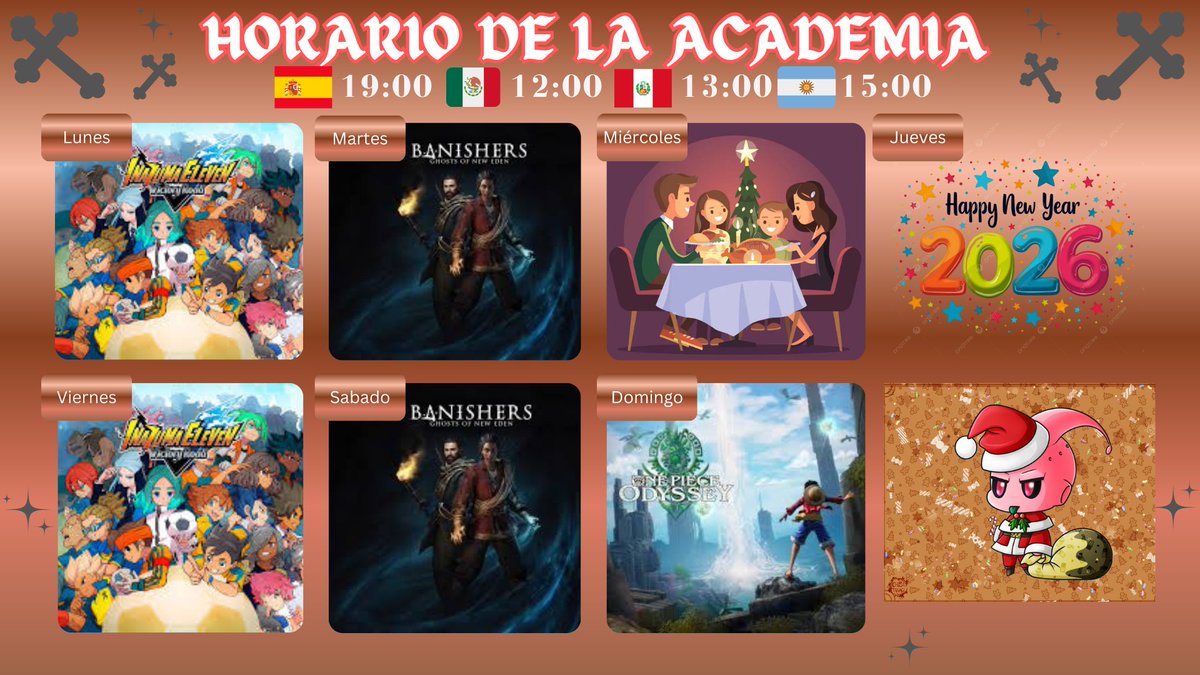 Bueno, pues este es el ultimo horario de la semana del año, quiero agradeceros por este año tan movidito, y felicitar en año a tod@s, y mencionar a <a href="/chiisayanagi/">Chiisa</a> por ese pedazo Padoru de Kid Boo 🥰