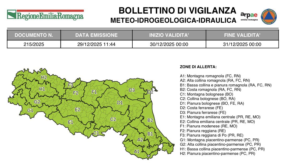 #BollettinoVigilanzaER VERDE nessuna allerta dalle 00:00 del 30/12/2025 alle 00:00 del 31/12/2025. ➡️ bit.ly/48VltUA