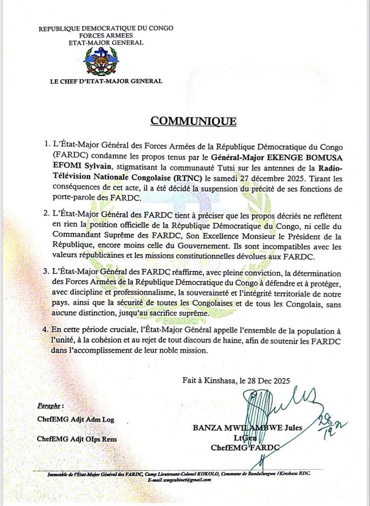 afrikarabia's tweet image. #RDC "L’État-Major Général des FARDC condamne les #propos tenus sur la RTNC par le Général-Major #Ekenge Bomusa Efomi Sylvain, contraires aux valeurs républicaines. Ces propos ne reflètent ni la position de la RDC, ni celle du Président de la République, ni du Gouvernement. En