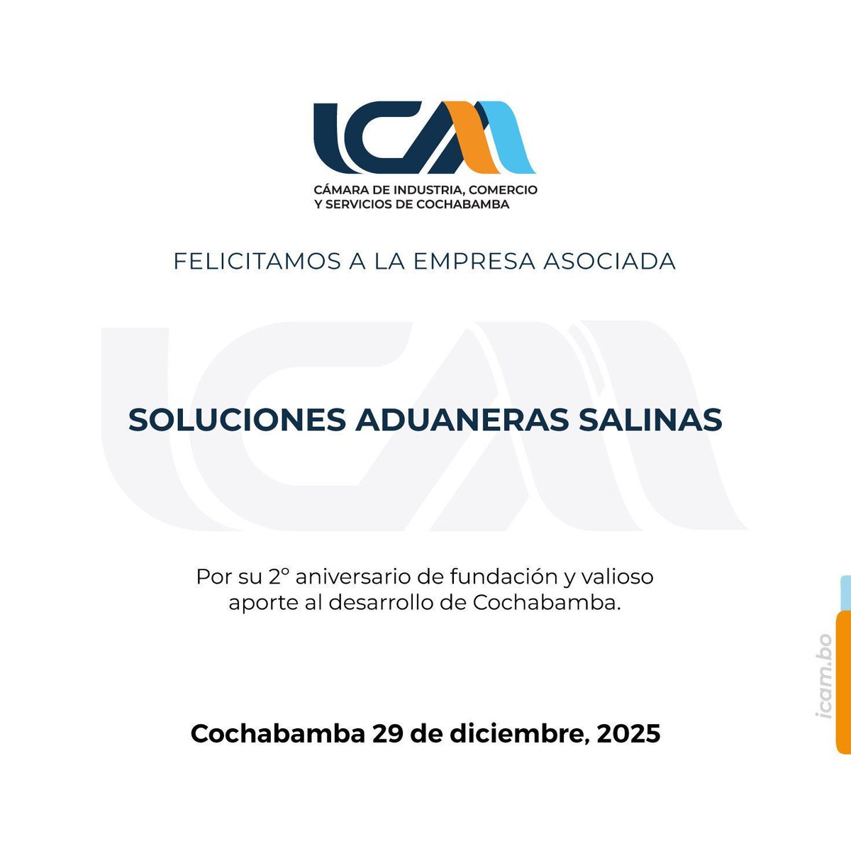 ICAMCBBA's tweet image. 🌟 ¡Felicitamos a nuestra afiliada por su aniversario! 💪

▶ SOLUCIONES ADUANERAS SALINAS 
¡Sigamos construyendo juntos un futuro brillante! ✨

#ICAM #HechoEnBolivia #FamiliaICAM