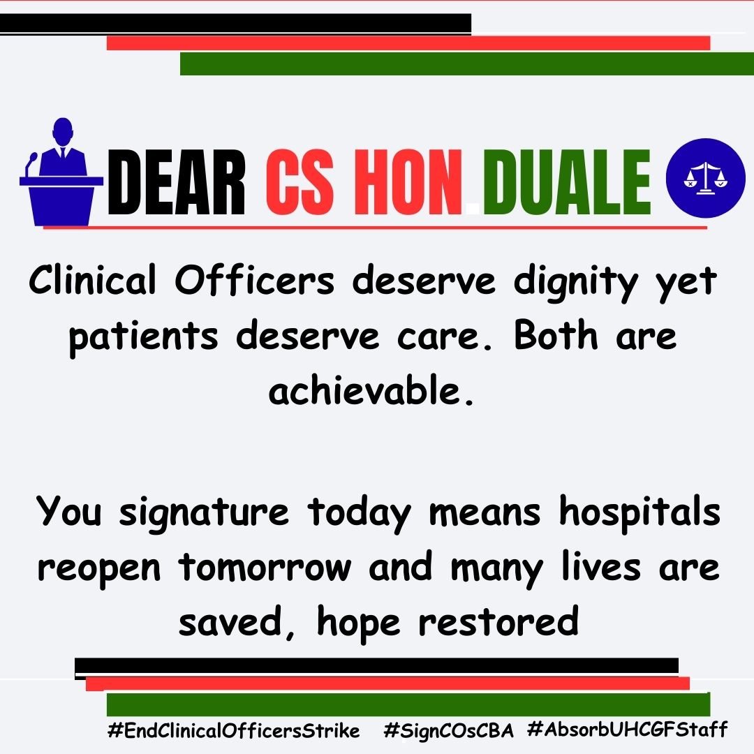 #EndClinicalOfficersStrikeNow
<a href="/WilliamsRuto/">William Samoei Ruto, PhD</a> , <a href="/_KithureKindiki/">Kithure Kindiki</a> , <a href="/koske_felix/">felix koskei</a> , <a href="/HonAdenDuale/">Hon. Aden Duale, EGH</a> , <a href="/DrAlfredMutua/">Dr. Alfred N. Mutua</a> , <a href="/psmuthoni/">Mary Muthoni Muriuki, CBS, HSC</a> , <a href="/fnoluga/">Dr. Ouma Oluga, OGW</a> , <a href="/A_S_Nassir/">Abdulswamad Sheriff Nassir</a> , <a href="/MOH_Kenya/">Ministry of Health</a> , <a href="/KenyaGovernors/">Council of Governors</a> , <a href="/maroag7/">Gibore Maroah. General Secretary/C.E.O. KUCO</a> , <a href="/ptason/">Peterson Wachira HSC</a> ,<a href="/citizentvkenya/">Citizen TV Kenya</a> , <a href="/ntvkenya/">NTV Kenya</a> , <a href="/KTNNewsKE/">KTN News</a> , <a href="/K24Tv/">K24TV</a> , <a href="/KBCChannel1/">KBC Channel 1 News</a> , <a href="/tv47news/">TV47</a>
