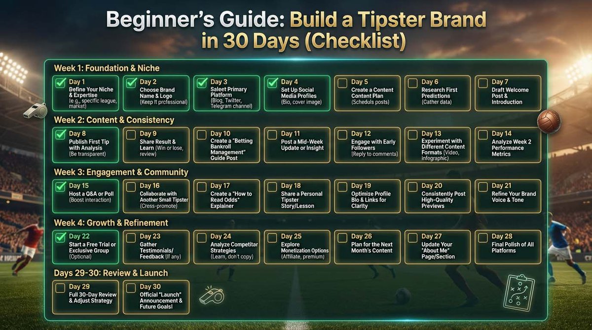 OwnTheGameApp's tweet photo. Most tipsters fail early — not because of picks, but because they lack structure.

Here’s a 30-day guide to building a real tipster brand:
clarity → process → consistency → trust https://t.co/oaDVBNIuMH