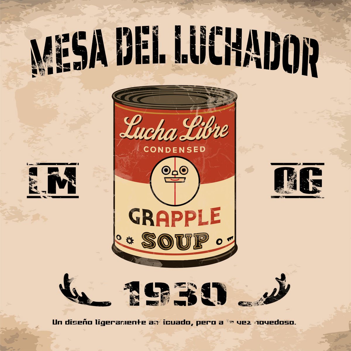 LaMistica_shop's tweet photo. 【コラボ新作 MESA DEL LUCHADOR 解説】
キャンベルのスープ缶のオマージュです🥫
コラボらしくオカルト選手のマスクのパーツや鹿の角も組み込まれています。
下のメッセージは「少し古くて新しいデザイン」です。

販売は１月中目安。
次回は着用イメージ等もUPします。
#LaMistica #OCCULTGRAPPLE https://t.co/QoGDLvEAdU