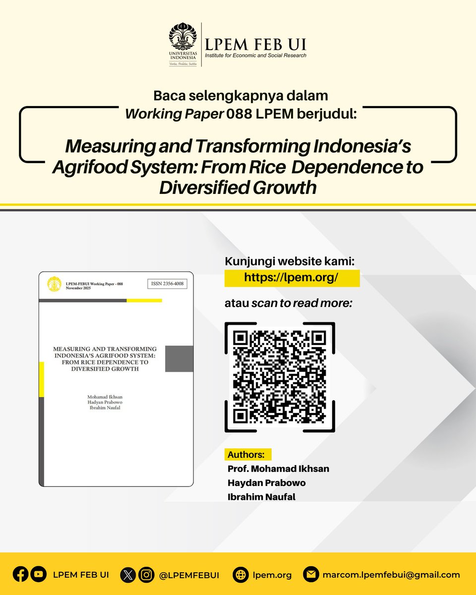 LPEMFEBUI's tweet photo. Ketahanan pangan jangka panjang dan kesejahteraan desa sulit tercapai jika beras terus jadi satu-satunya tumpuan. Pemerintah di antaranya perlu segera memperbaiki alat baca kebijakan!
#LPEMFEBUI
#EkonomiIndonesia https://t.co/QOf5jYM3TV