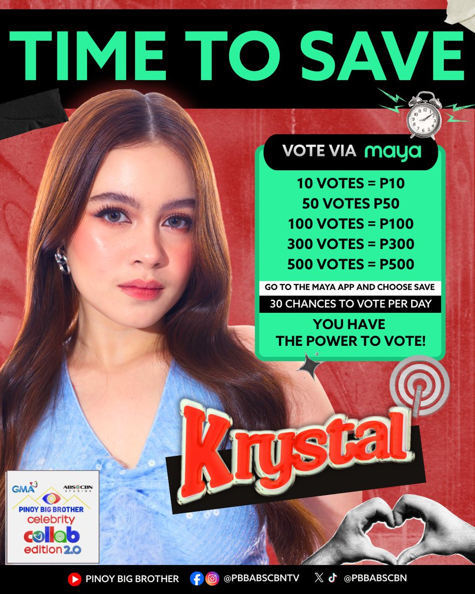 PBBabscbn's tweet image. Vote to save KRYSTAL with Maya! ✨🏠

Nasa inyong mga kamay kung sino nga ba ang mga dapat pang manatili sa loob ng Bahay Ni Kuya! ❤️

How to vote via Maya 📲
1. Download the Maya app (it’s FREE)
2. Cash in before voting
3. Tap the PBB Icon
4. Choose the PBB Housemate you want to…