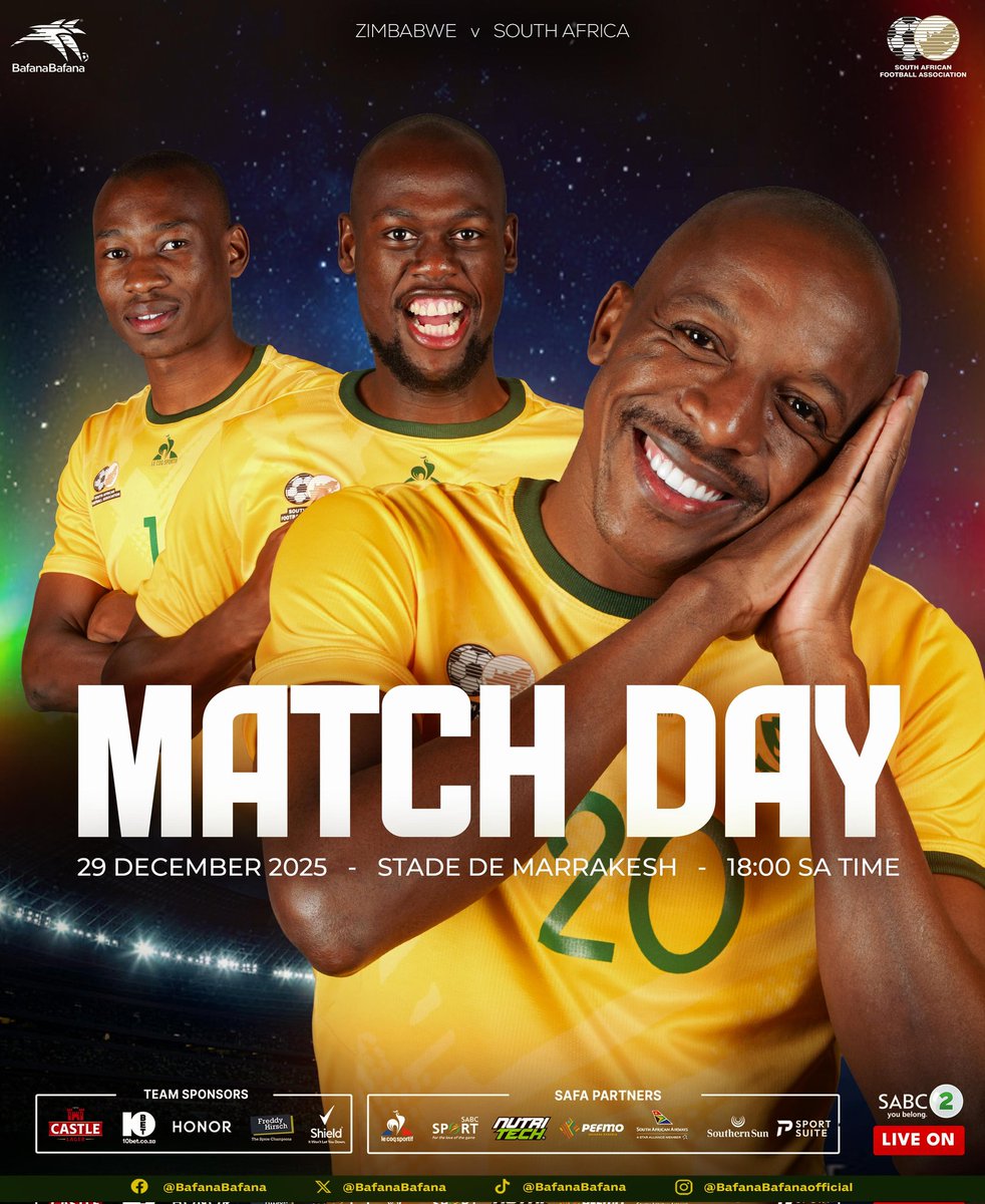 BafanaBafana's tweet image. 🚨MATCH DAY 🚨

AFRICA CUP OF NATIONS 

GROUP B

⚽️ Zimbabwe 🇿🇼 vs 🇿🇦 South Africa 
🗓 29 December 2025
⏰️ 18h00 (SA time)
🏟  Stade de Marrakech 

#BafanaPride
