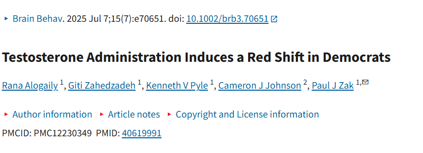 Oh look: Giving men testosterone induces a red shift in democrats, reduces lying and makes them more likely to do what they believe is right.

Who would have thought?