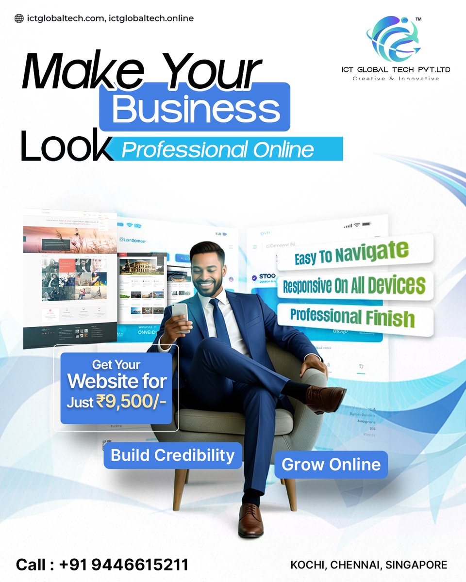 Give your business a professional online presence with a modern, responsive website from ICT Global Tech Pvt. Ltd.
starting from just ₹9,500/-

📞 Contact us today to get started.
+91 9446615211
🌍 Kochi | Chennai | Singapore
#ICTGlobalTech #BusinessWebsite #GrowOnline