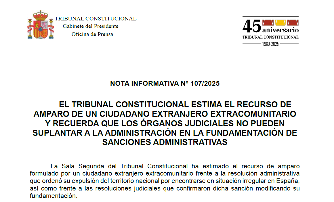 Nota de prensa | El Tribunal Constitucional estima el recurso de amparo de un ciudadano extranjero extracomunitario y recuerda que los órganos judiciales no pueden suplantar a la administración en la fundamentación de sanciones administrativas tribunalconstitucional.es/NotasDePrensaD…
