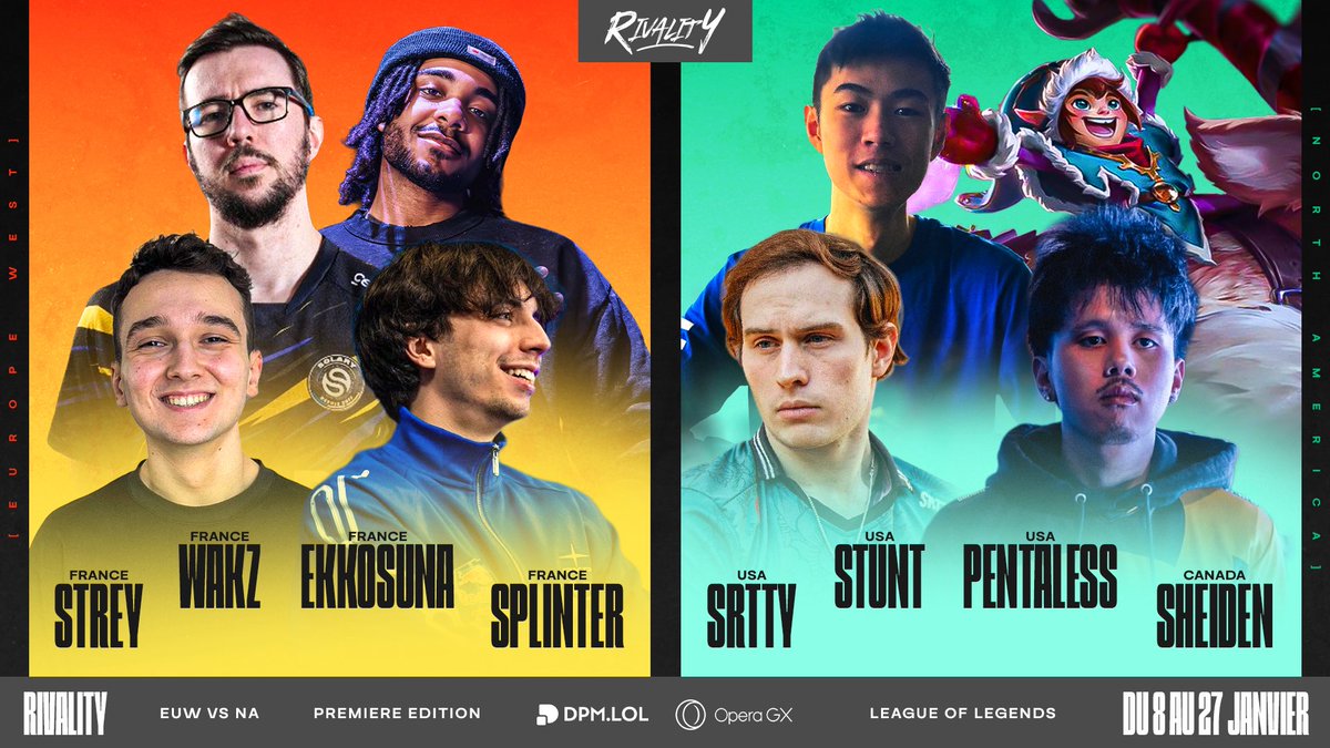 RIVALITY REVEAL #3 

Il est temps de mettre la France à l’honneur ! 

<a href="/MrSplinterlol/">Splinter</a> - <a href="/Wakzlol/">Wakz | Solary</a> - <a href="/Streyito/">STREY</a> - <a href="/ekkosuna/">GL Suna</a> représenteront L’Europe 

Pour faire face à ces 4 bêtes féroces : 

<a href="/stuntopolis/">william</a> - <a href="/sheidenlol/">sheiden</a> - <a href="/_Srtty/">Srtty</a> - <a href="/pentaless/">Pentaless</a> Représenteront le serveur NA ! 

-