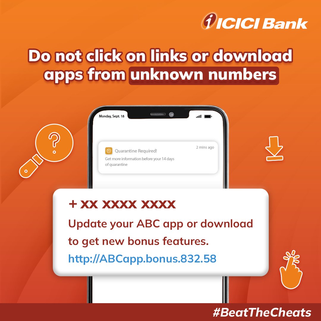 ICICIBank's tweet image. Beware of scammers using fake links and files to get access to private information through your phone or computer!