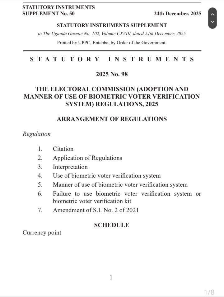 SilverKayondo's tweet photo. The Minister of Justice & Constitutional Affairs has issued the Electoral Commission (Adoption & Manner of Use of Biometric Voter Verification System) Regulations, 2025
These augment the 2021 Regulations pertaining to use of #technology in #elections
#Uganda #biometrics #BVVS https://t.co/mA8kGerhnW