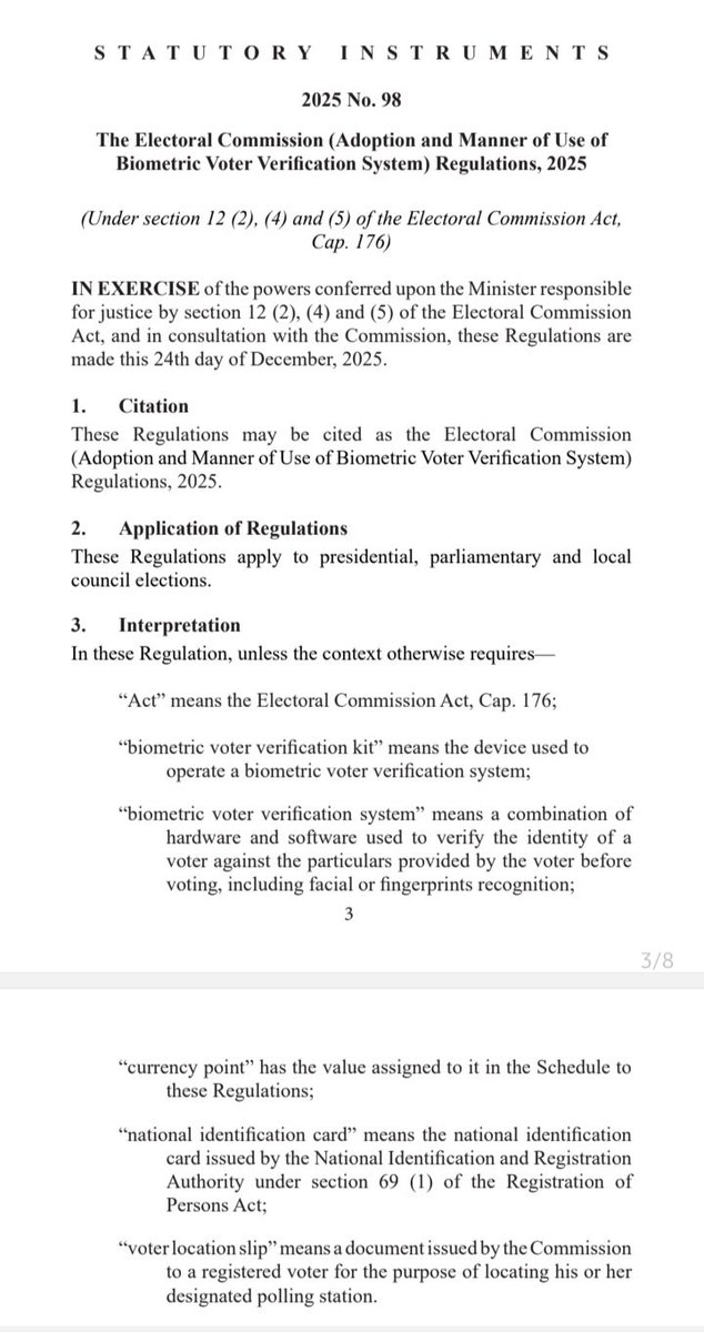 SilverKayondo's tweet photo. The Minister of Justice & Constitutional Affairs has issued the Electoral Commission (Adoption & Manner of Use of Biometric Voter Verification System) Regulations, 2025
These augment the 2021 Regulations pertaining to use of #technology in #elections
#Uganda #biometrics #BVVS https://t.co/mA8kGerhnW