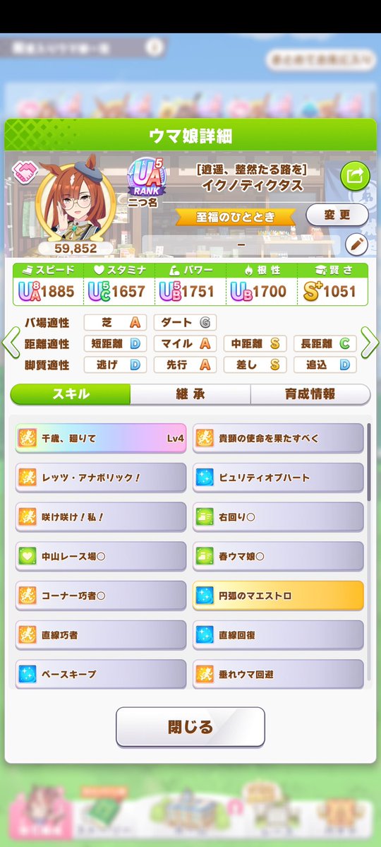 サブ垢側のイクノディクタスの評価育成、このサポカではこれが限界かな