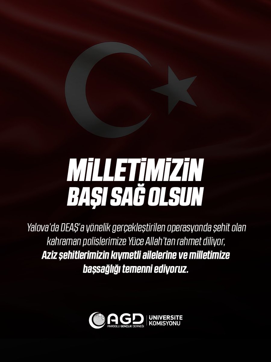 Milletimizin Başı Sağ Olsun ☾⭑

Yalova’da DEAŞ’a yönelik gerçekleştirilen operasyonda şehit olan kahraman polislerimize Yüce Allah’tan rahmet diliyor, Aziz şehitlerimizin kıymetli ailelerine ve milletimize başsağlığı temenni ediyoruz.