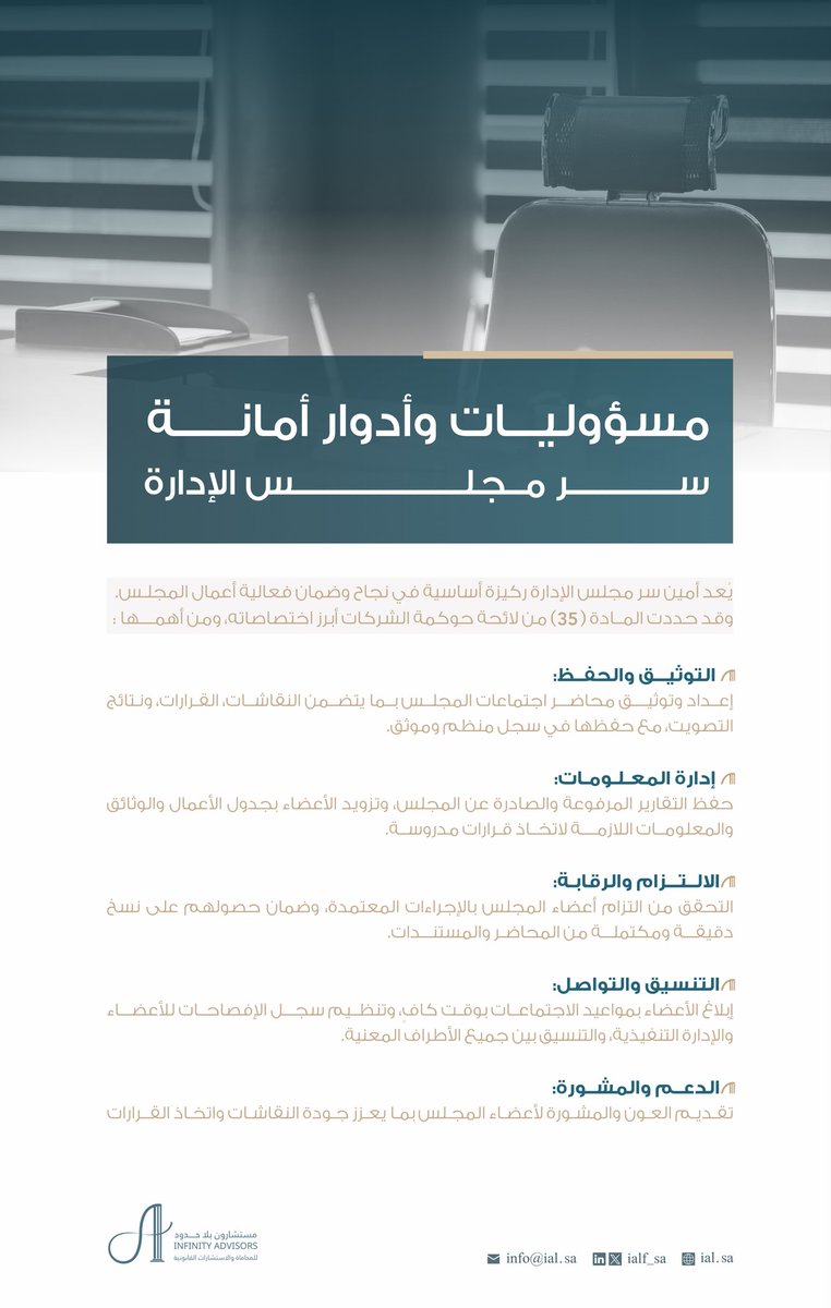 مسؤوليات وأدوار أمانة سر مجلس الإدارة. 

#نظام_الشركات
#مستشارون_بلا_حدود
#infinity_advisors