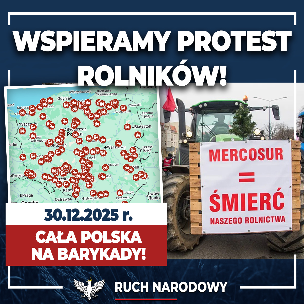 RuchNarodowy's tweet photo. Wspieramy protest rolników❗️

🚜Już jutro w całej Polsce rolnicy będą wyrażali swój jednoznaczny sprzeciw w związku z umową MERCOSUR, która jest OLBRZYMIM zagrożeniem dla naszego rolnictwa i bezpieczeństwa żywnościowego Europy w tym oczywiście Polski 🇵🇱🍲

Zachęcamy do wzięcia udziału w protestach w swoich miastach. Jako Konfederacja i Ruch Narodowy od zawsze stoimy po stronie naszych rolników. Razem obronimy polską wieś! 

#ProtestRolników #StopMercosur