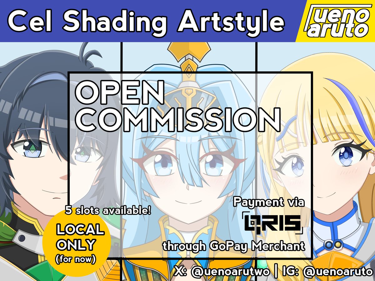 uenoarutwo's tweet image. OPEN COMMISSION - Cel Shading Artstyle
❤ and 🔄 are appreciated!

Haloo guys! Ueno akhirnya buka art commission for local only dan aku buka 5 slot yaa! Bila ada yg tertarik, bisa tanya-tanya dulu atau ketuk DM-ku yaw~ ✨

#opencommission #zonauang #zonakaryaid #artistindonesia