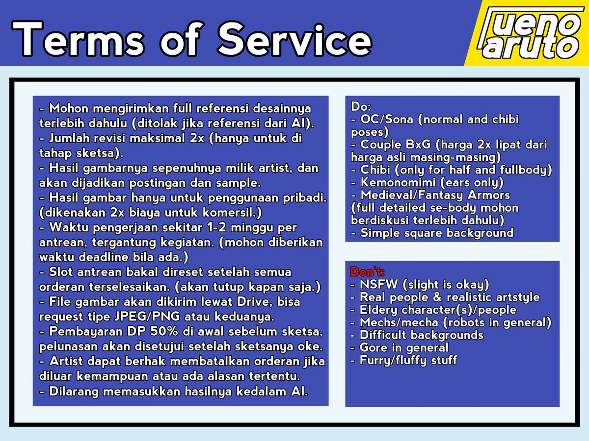 uenoarutwo's tweet image. OPEN COMMISSION - Cel Shading Artstyle
❤ and 🔄 are appreciated!

Haloo guys! Ueno akhirnya buka art commission for local only dan aku buka 5 slot yaa! Bila ada yg tertarik, bisa tanya-tanya dulu atau ketuk DM-ku yaw~ ✨

#opencommission #zonauang #zonakaryaid #artistindonesia