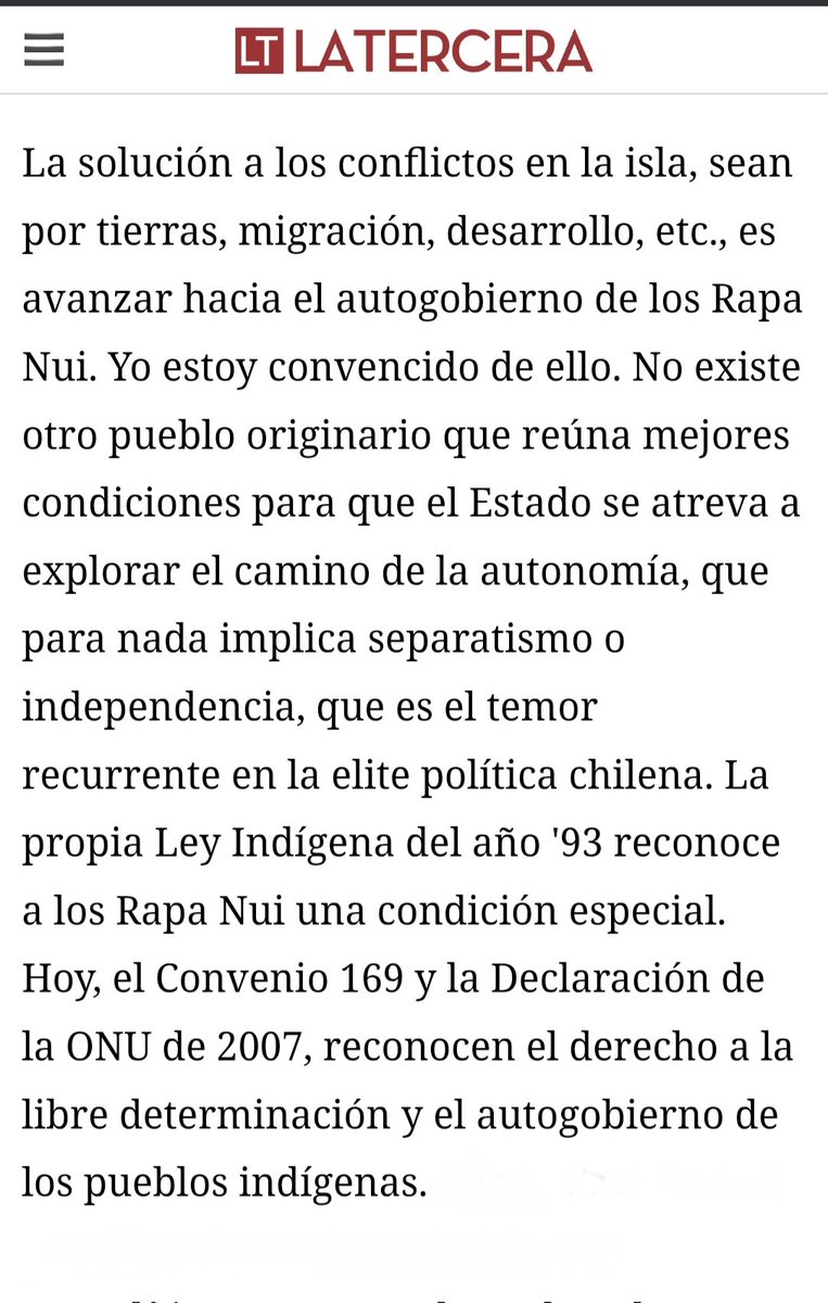 En 2015 entrevisté para @LaTercera al ex Comisionado Presidencial para Isla de Pascua del gobierno de Piñera. Su diagnóstico era clarísimo. Los que saben de estos temas no se escandalizan con la autonomía o el autogobierno, que no es otra cosa que traspaso de competencias.