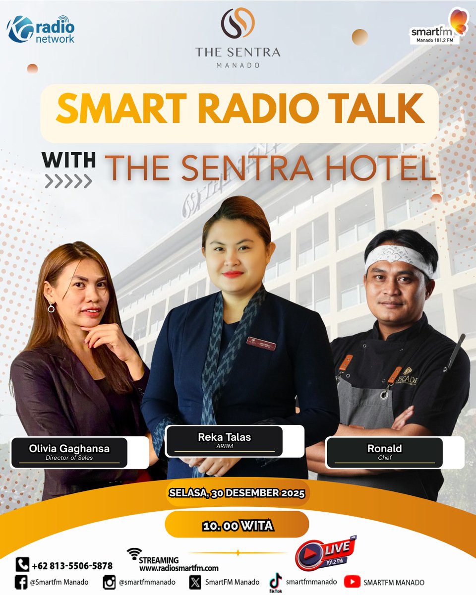 ✨ SMART RADIO TALK bersama THE SENTRA HOTEL MANADO ✨

🗓 Selasa, 30 Desember 2025
⏰ Pukul 10.00 WITA
📻 Live di SmartFM Manado 101.2 FM
📱 Streaming: radiosmartfm.com

#SmartRadioTalk
#TheSentraHotelManado