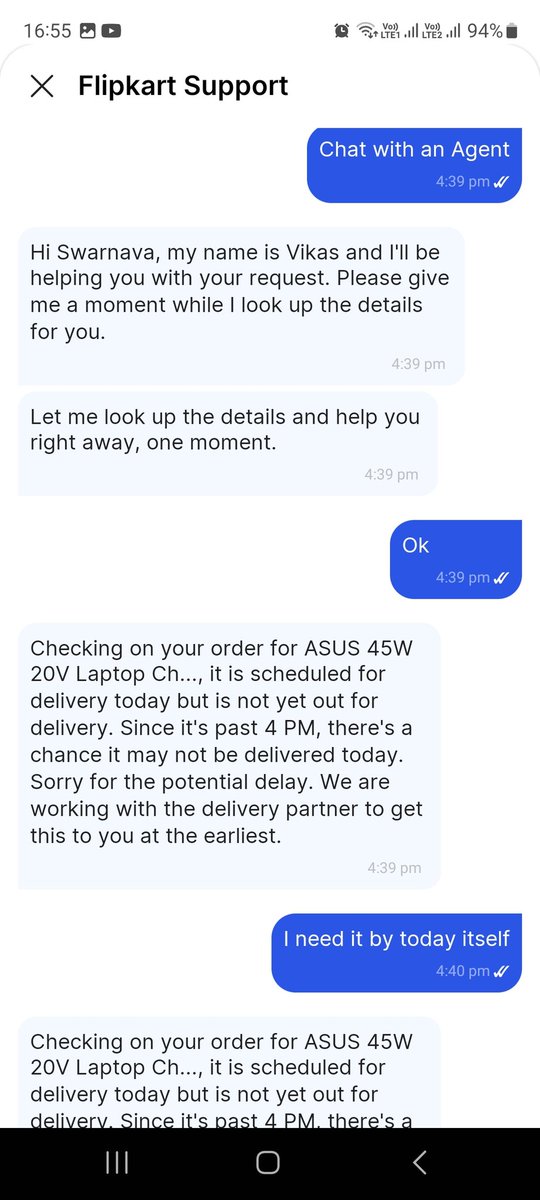 Swarnava_98's tweet photo. Dear @Flipkart @flipkartsupport is this how your customer support agent should behave with your customer when the product has been ordered based on immediate needs and you are failing the promised delivery date?? Order id : OD436384015634156100

Customer support agent name: Vikas https://t.co/l5k17z6uzc