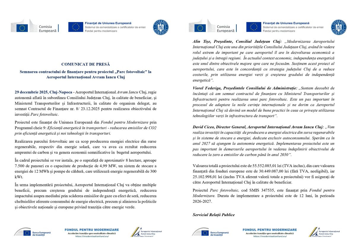 Aeroportul Internațional Avram Iancu Cluj și Ministerul Transporturilor și Infrastructurii au semnat Contractul de Finanțare nr. 8/ 23.12.2025 pentru realizarea obiectivului de investiții Parc fotovoltaic.

Mai multe informații: airportcluj.ro/semnarea-contr…