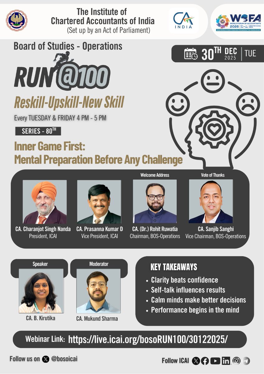 bosoicai's tweet photo. Get ready for another insightful session under RUN@100 โ Reskill, Upskill, New Skill!
๐
30th Dec 2025 | ๐ 4 PM โ 5 PM
๐ง Topic: Inner Game First โ Mental Preparation Before Any Challenge
๐ Join here: https://t.co/EkNfPKxIJP
#ICAI #BOSOperations #RUN100 #Learning https://t.co/iW3fvmTJ2K