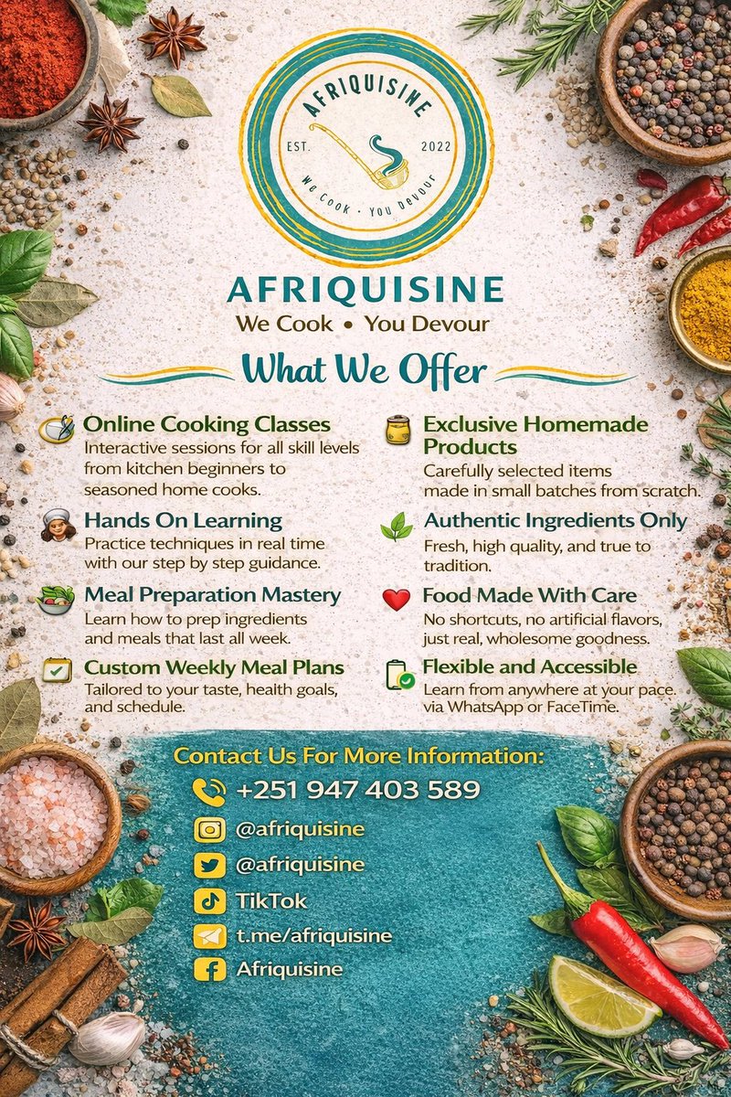 Ready to cook like a pro? Sign up for our online cooking program and take your skills, meal prep, and kitchen confidence to the next level💯

Register now🤩

#Afriquisine #AddisAbeba #Foodie #EthiopianFood