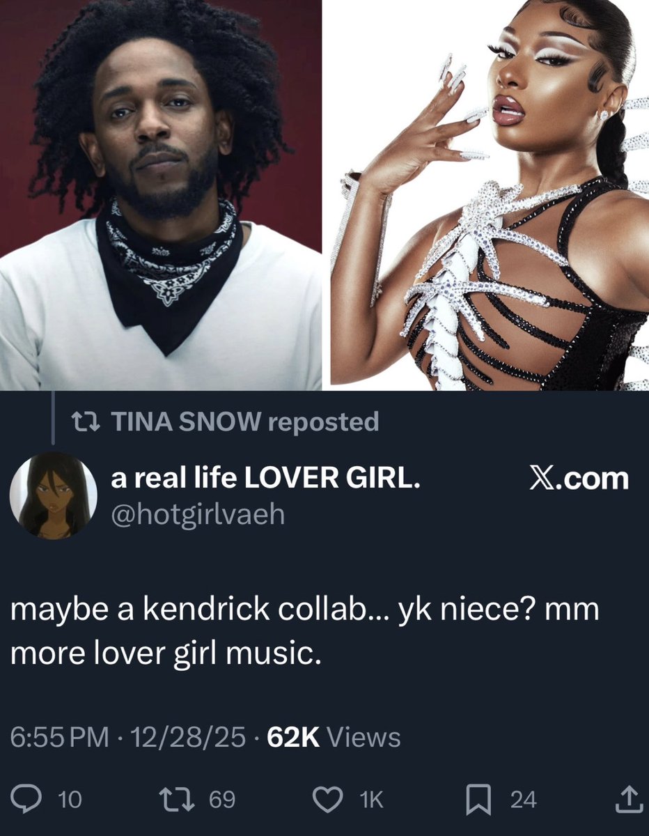 WhoopingFeet's tweet image. Megan Thee Stallion reposted a tweet that states wanting a Kendrick Lamar collab on her Album next year.

Yall ready for this in 2026?

#actIII