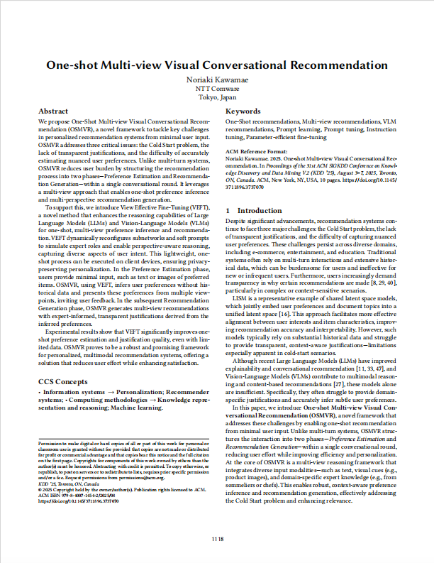 deeppdf_ai's tweet photo. Summary of 2025 #KDD Paper:
🔥 One-shot recommendations - no user history needed! 🚀
Solves cold start, transparency &amp; nuanced preferences. Powered by VEFT (expert LLMs/VLMs).
Outperforms SOTA. Fast, private, explainable!
Details👉https://t.co/URL9DNcJvZ https://t.co/icXIPXaJEn