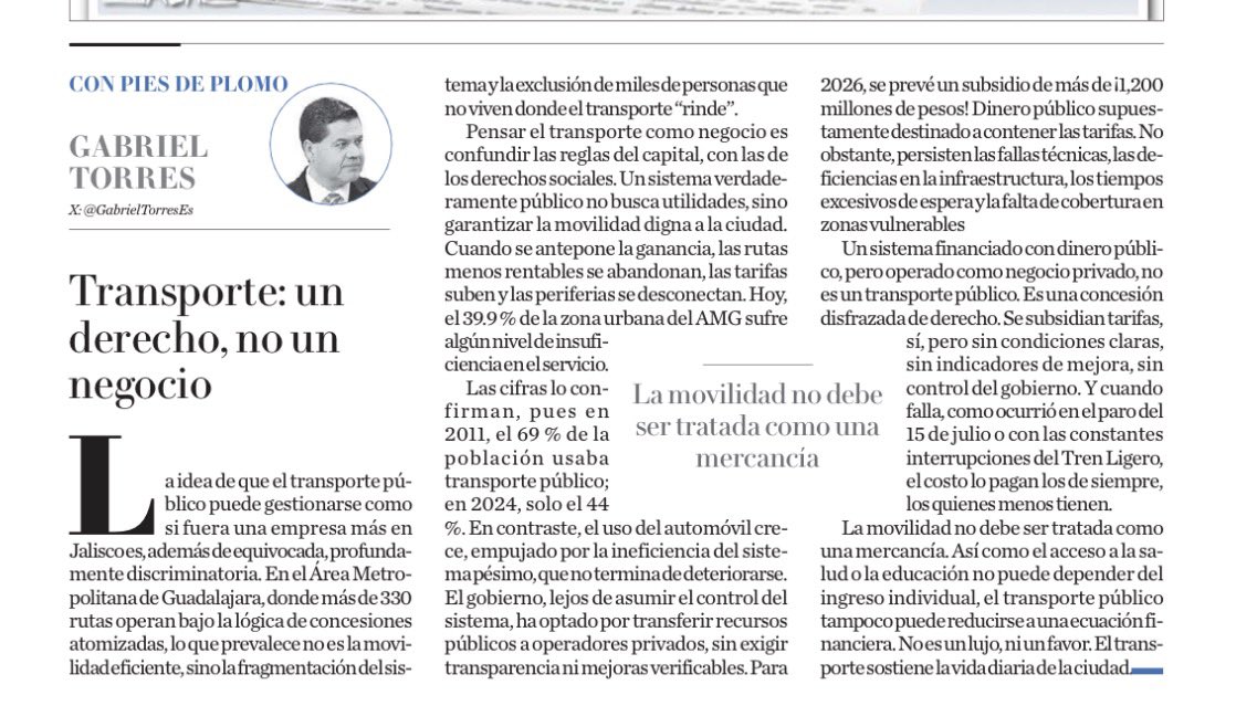 Un sistema financiado con dinero público, pero operado como negocio privado, no es un transporte público. 
Es una concesión disfrazada de derecho.
Se subsidian tarifas, sí, pero sin condiciones claras, sin indicadores de mejora, sin control del gobierno. 
milenio.com/opinion/gabrie…