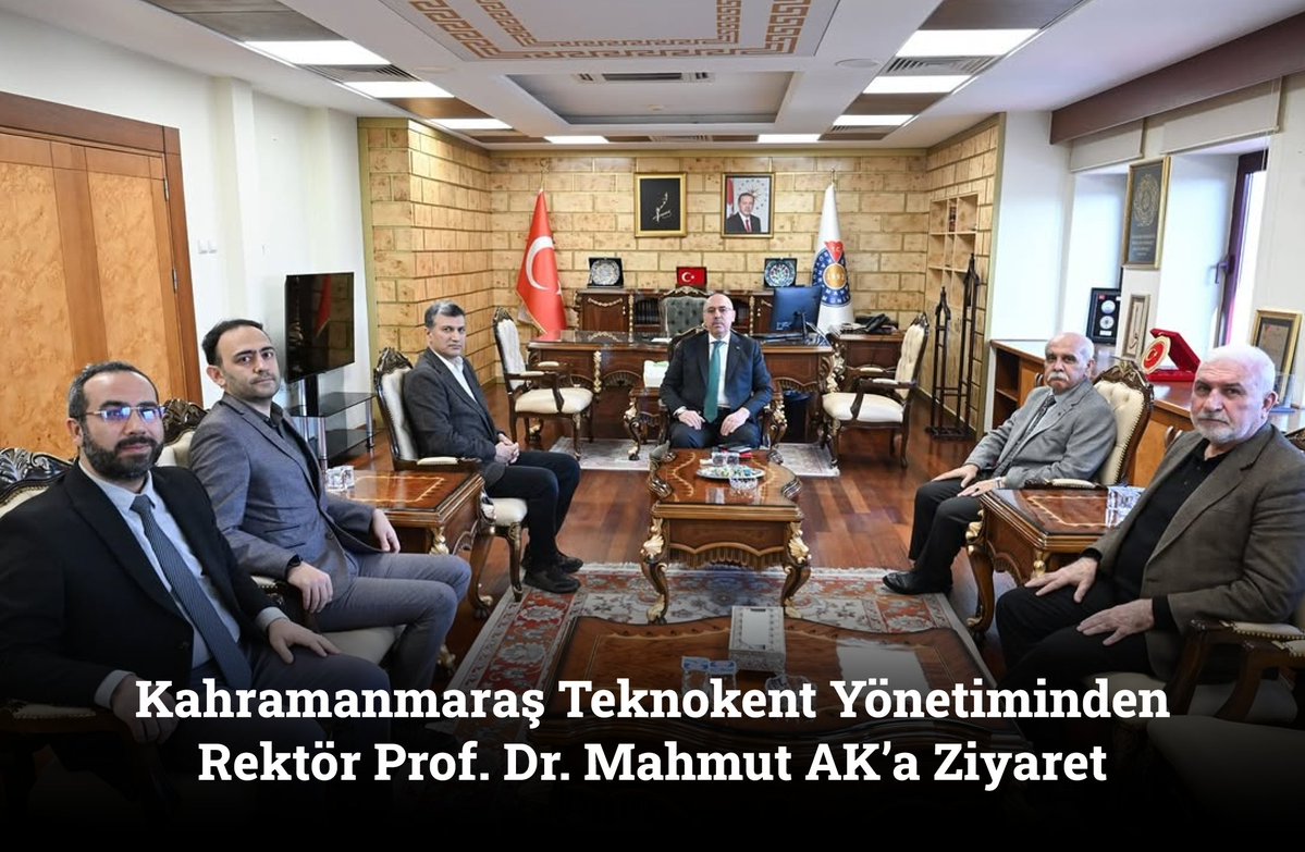 Kahramanmaraş Teknokent Yönetim Kurulu Başkan Vekili Fehmi Hüdayioğlu, Kurul Üyeleri Öğr. Gör. Mesut Bilginer, Kamil Dedeoğlu, Fatih Dinçer ve Genel Müdür Dr. Öğr. Üyesi Oğuz Ciğerlioğlu, Kahramanmaraş Sütçü İmam Üniversitesi Rektörü Prof. Dr. Mahmut Ak’ı makamında ziyaret etti.