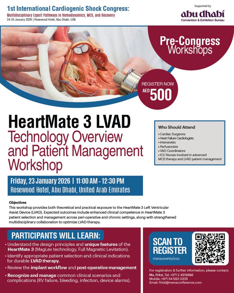 CongressIc51603's tweet photo. 🛠️🎓 Get hands-on before the main event at #ICSC26! Pre-conference workshops include:
🫀 Advanced TEE Masterclass
⚙️ LVAD management
🩺 Impella platforms &amp; hemodynamics
📍 Abu Dhabi | Jan 22–23, 2026
🔵⬇️ Register: https://t.co/duoNApIOwC ⬇️🔵
#CardiogenicShock #CardioTwitter https://t.co/KscYQL3s0q