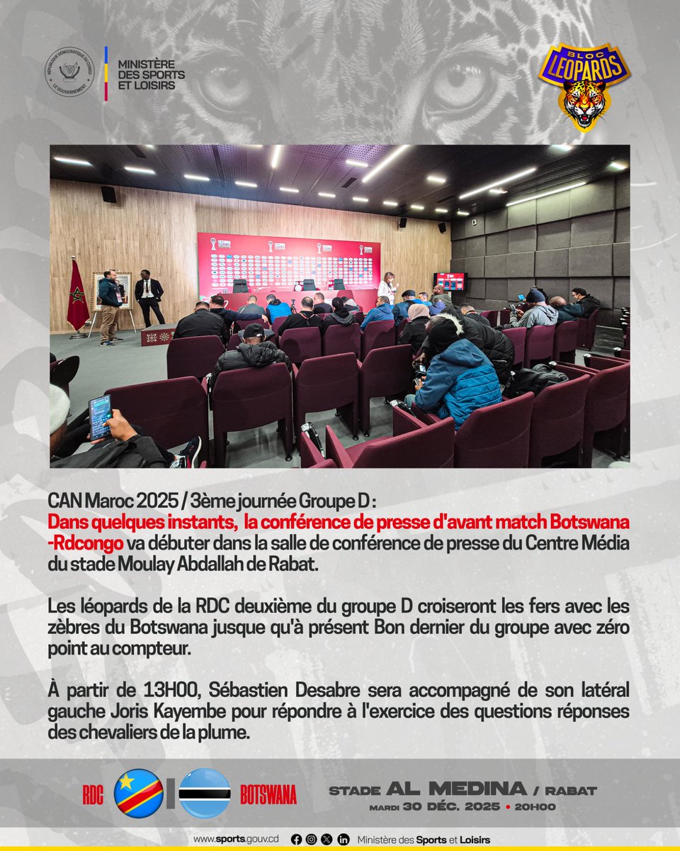 🎙️ Avant le choc RDC 🇨🇩 – Botswana 🇧🇼

La conférence de presse d’avant-match se prépare au Centre Média du stade Moulay Abdallah à Rabat.

Sébastien Desabre, accompagné de Joris Kayembe, répondra aux questions des médias à quelques heures d’un match décisif.