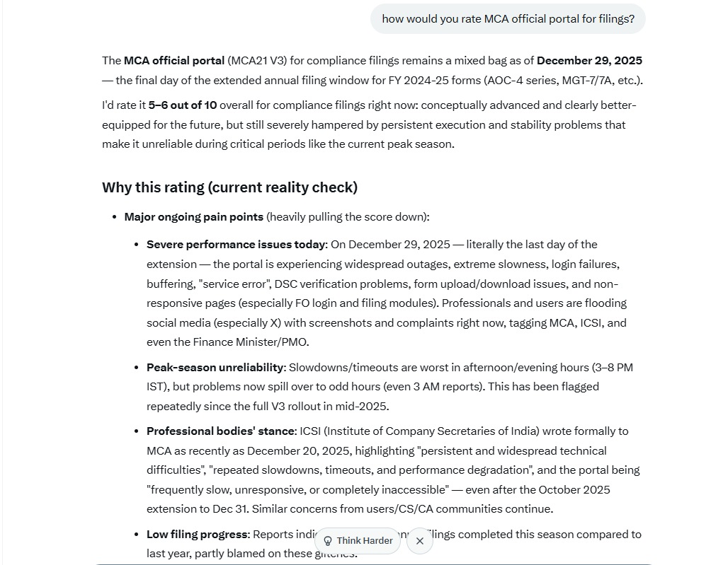 This is what <a href="/grok/">Grok</a> have to say for #MCA  portal. #MCA21 #ROC