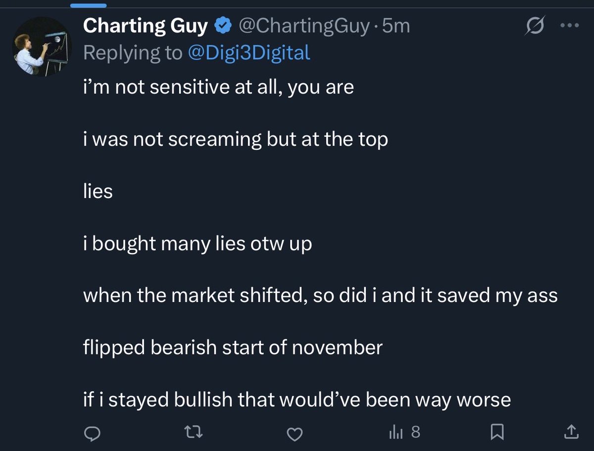 Digi3Digital's tweet image. Im not sensitive you are 😭😂😂 lmaoo can’t make this up. He’s still wondering why hundreds left his patreon @ChartingGuy