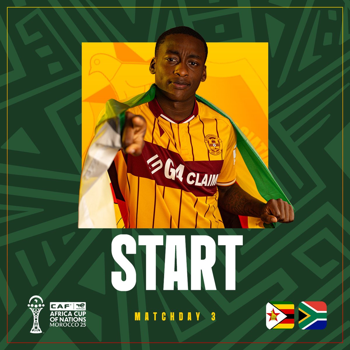 MotherwellFC's tweet image. He's got his opportunity 🇿🇼

Tawanda Maswanhise starts for the first time at AFCON for Zimbabwe against South Africa this afternoon. 

Time to shine, Tawanda ✨